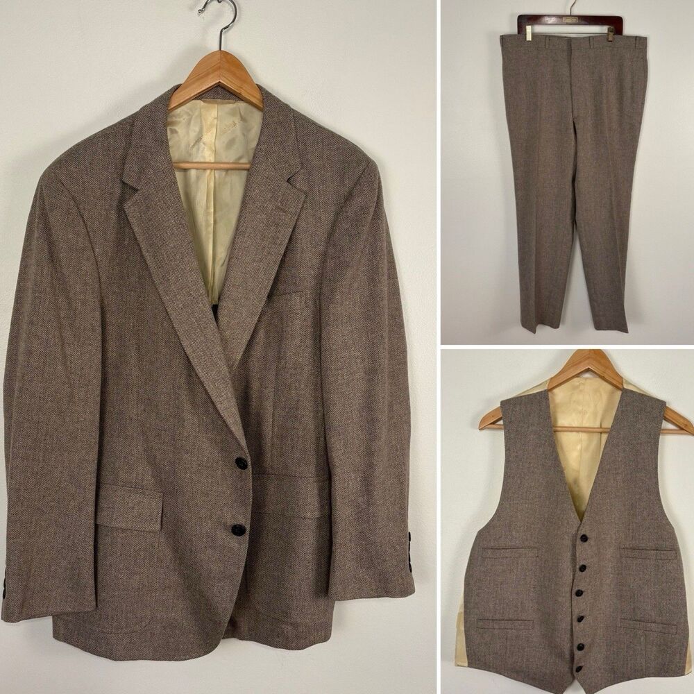 VTG Deansgate Nordstrom Mens 3-Piece Suit Brown Herringbone Wool Blazer Vest 70s